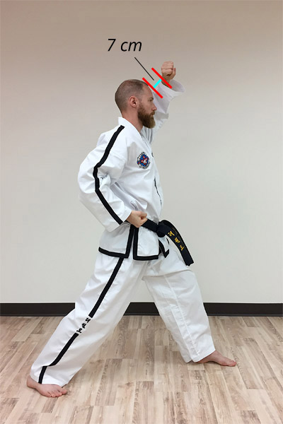 A side view of a forearm rising block in taekwon-do